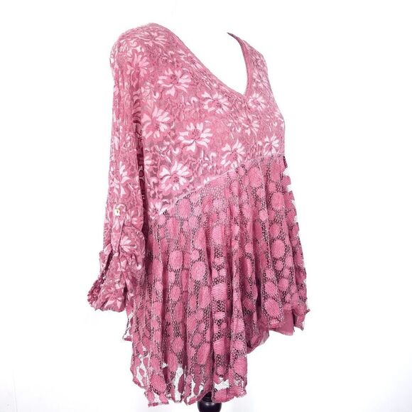 Kaktus Boho Romantic Lace Top With Roll Tab Sleeves Mauve Pink Size Medium - Picture 2 of 5